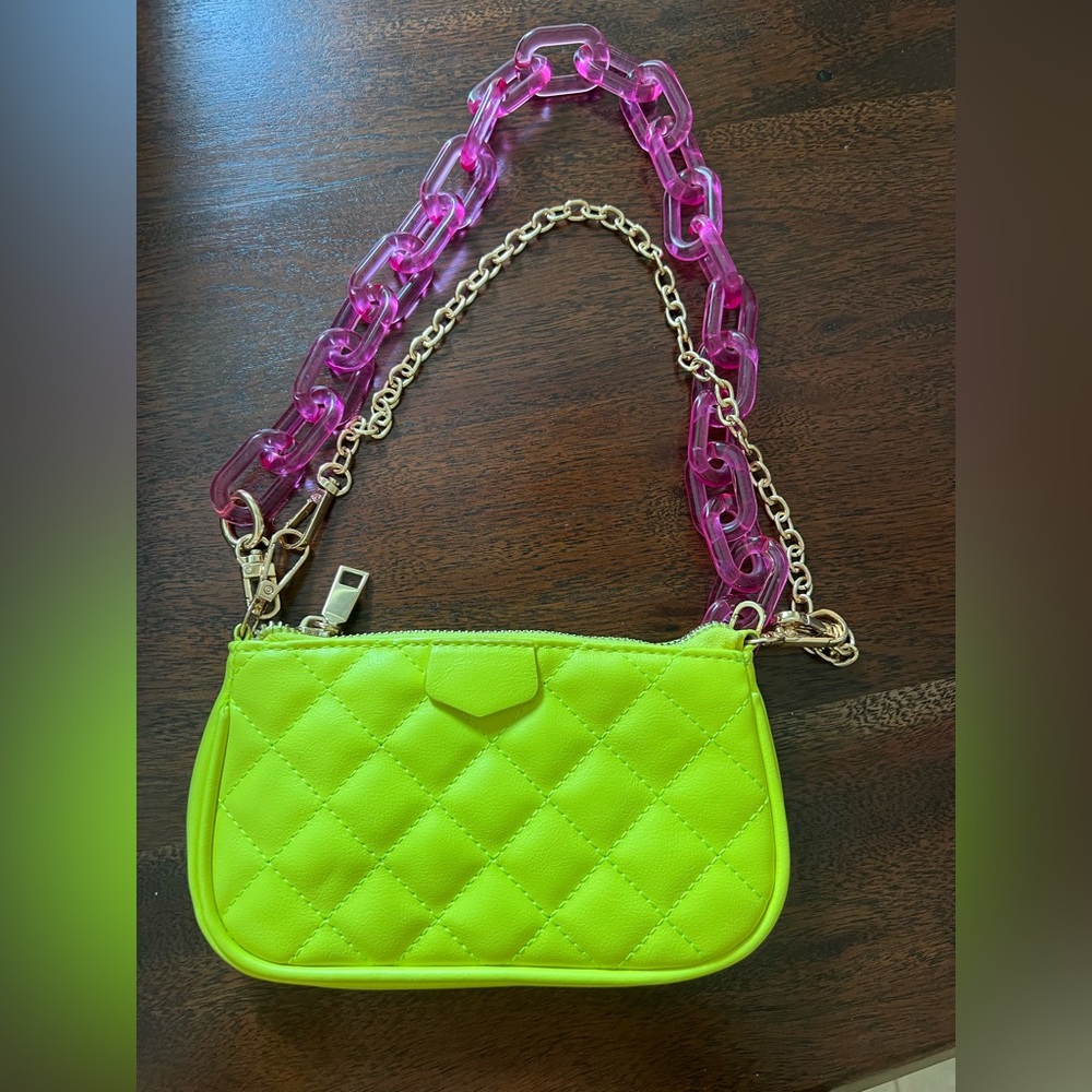 Beginning Boutique Neon Quilted Mini Bag with Pink Chain Strap